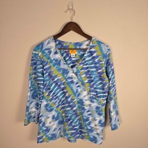 Ruby Rd Faux Wrap Top Women Large Blue Green Abstract Print 3/4 Sleeve Sequin